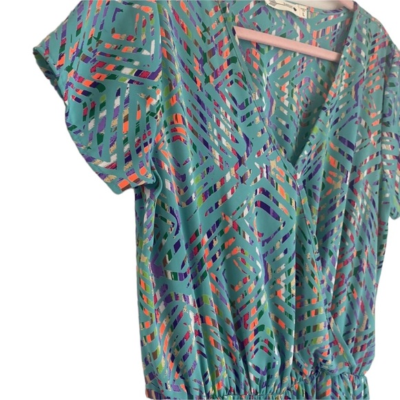 BUDDY LOVE TEAL TROPICAL COLORS ROMPER WITH POCKETS LARGE SNAP GREEN ENCLOSURE - Picture 2 of 5